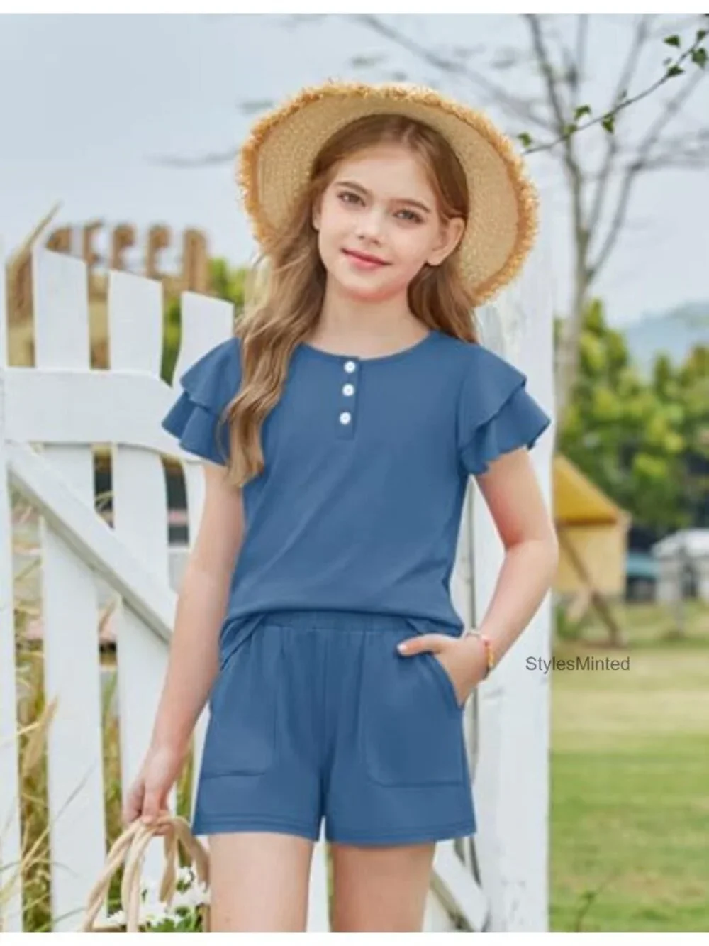 Girls Ruffle Sleeve Button Down Shirt & Shorts 2 Piece Summer Outfit Set